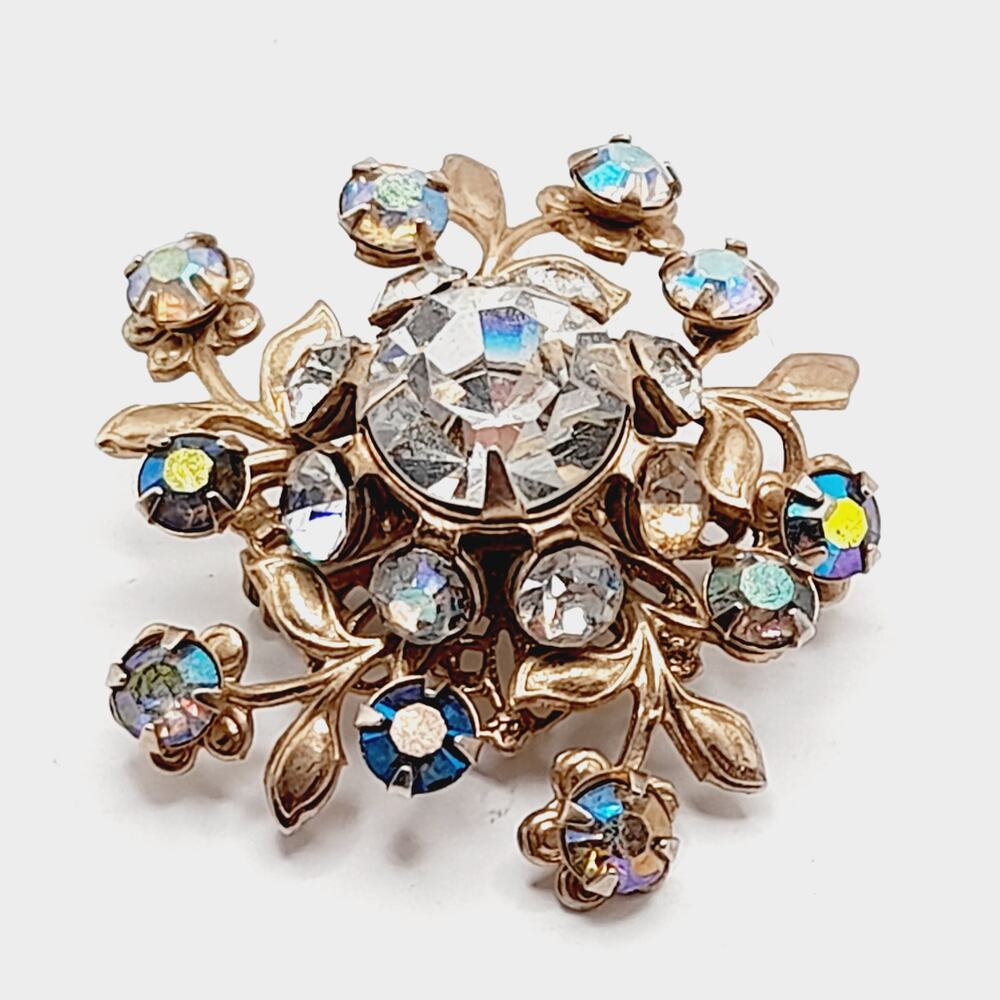 Vintage 1950s Flower Brooch Clear & Blue Fire Rhinestones Filigree 3D Design